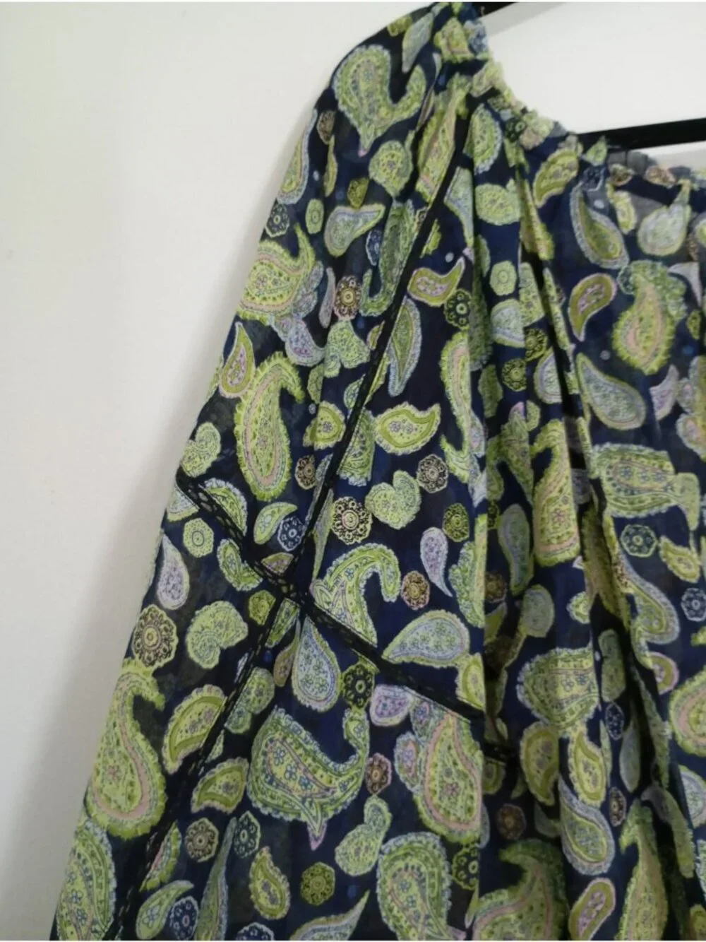 Free People Paisley Print Bodysuit Long Sleeves & Drawstring Cuffs XL Navy Green